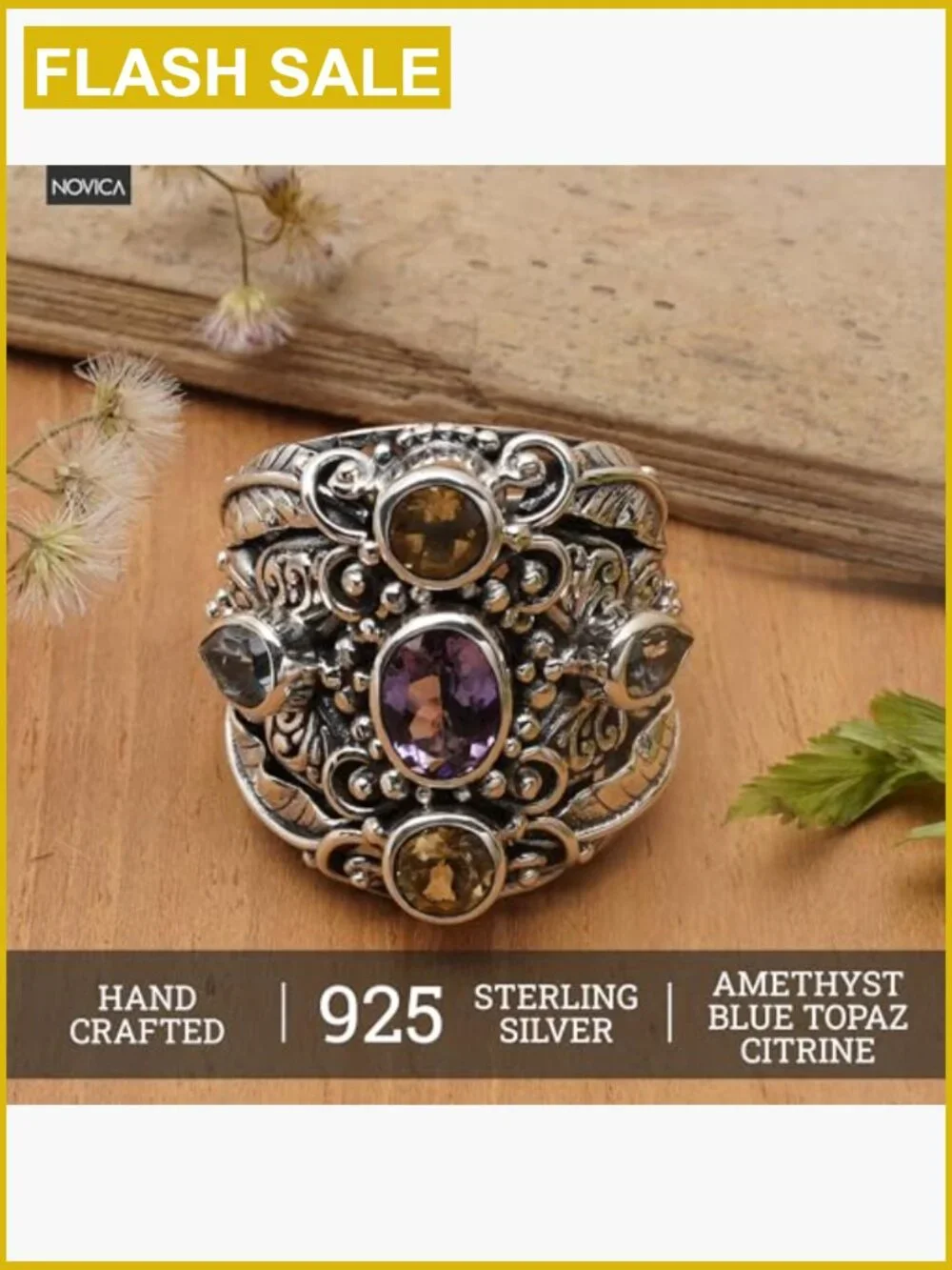 Handcrafted Sterling Silver Butterfly Ring with Amethyst & Topaz